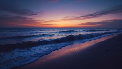 Fototapeta premium Sunset over the ocean with colorful sky and waves gently crashing onto the beach. Peaceful and scenic coastal view.