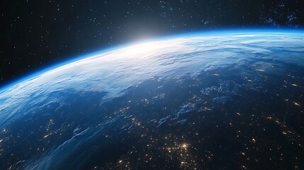 Obraz premium Earth View From Space Showing City Lights and Atmospheric Sunrise