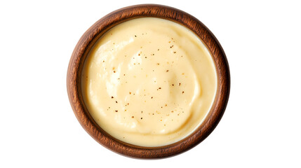 Top View of Queso Dip in a Wooden Bowl Isolated on White Background