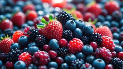 A variety of fresh berries including strawberries, blueberries, blackberries, and red currants.