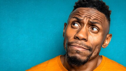 Obraz premium Thoughtful Man Wearing Orange Shirt Looking Up with Confused Expression Against Blue Background