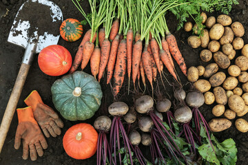 Autumn harvest of fresh raw carrot, beetroot, pumpkin and potato on soil ground in garden with shovel and gloves, top view. Organic vegetables background texture, harvesting
