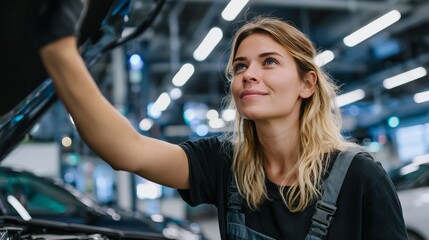 Woman working on car engine in auto repair shop during daylight hours, focused on her task