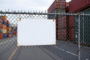 Fototapeta premium Sign of shipping in the Port: a close-up shot capturing a simple blank sign dangling from a chain-link fence, set against a background of stacked shipping containers and industrial.
