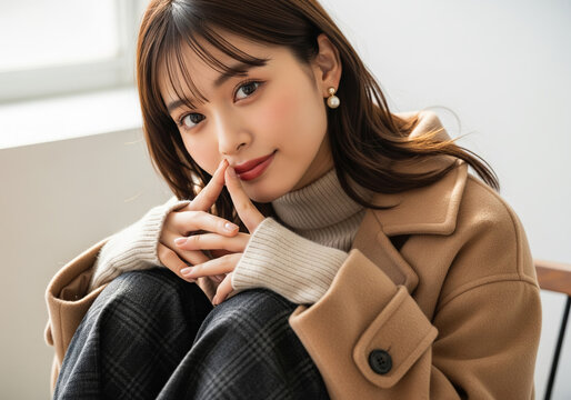 エレガントな秋の装い！ベージュのコートを纏い優しい眼差しで魅了するファッションモデルの女性