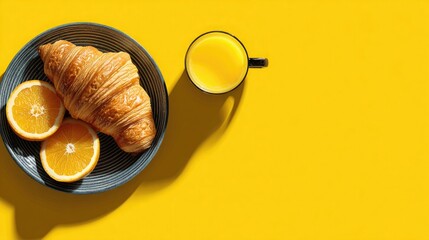 Vibrant breakfast scene with flaky croissant, orange slices in blue bowl, and fresh orange juice in glass, set against bright yellow background, creating a cheerful and appetizing morning display