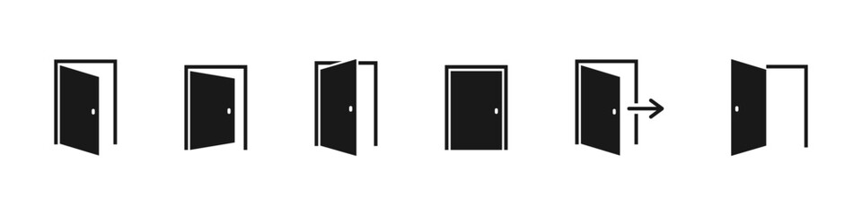 Open door icon set with entry arrow and editable stroke in minimal style. Vector