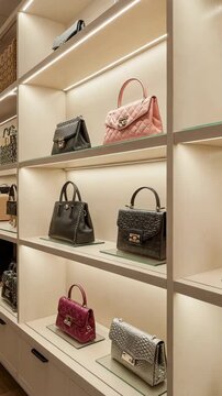 Luxury handbags on display shelves in a boutique. Elegant designer purses in a retail store or walk-in closet with warm lighting.