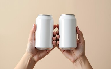 Two blank beverage cans held by hands against a neutral background ideal for branding mockups : Generative AI. High quality