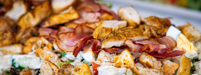 Meat and salad dishes. Plates of various salads. Non vegetarian food banner. Top view. Panorama, banner