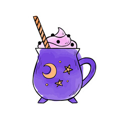 Watercolor drawing of Witch's cauldron mug with stars for Halloween sticker, menu, card design, or scrapbook. Vector illustration of party drink with whipped cream isolated on white background. 