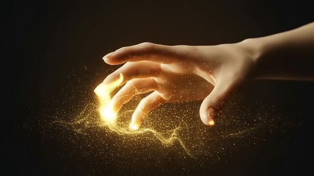 Golden energy sparks from outstretched hand in darkness
