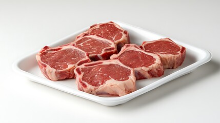 Raw beef steaks arranged in a white styrofoam tray.