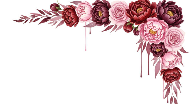 Elegant burgundy watercolor flowers artfully decorate the corner on a white background for sophisticated designs.