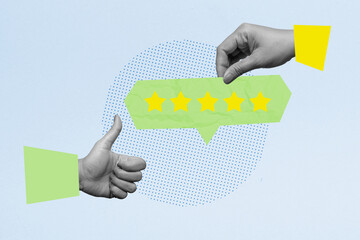 Human hand showing thumb up gesture and a speech bubble with five star rating. Concept of positive review. Collage art