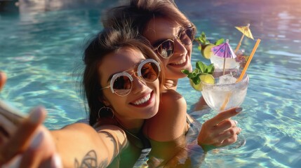 Poolside scene: girl dip, sun glow, wave ripple, sea charm, drink color, breeze dance, splash light, summer peace, leisure joy, float smile, lagoon play, water cheer