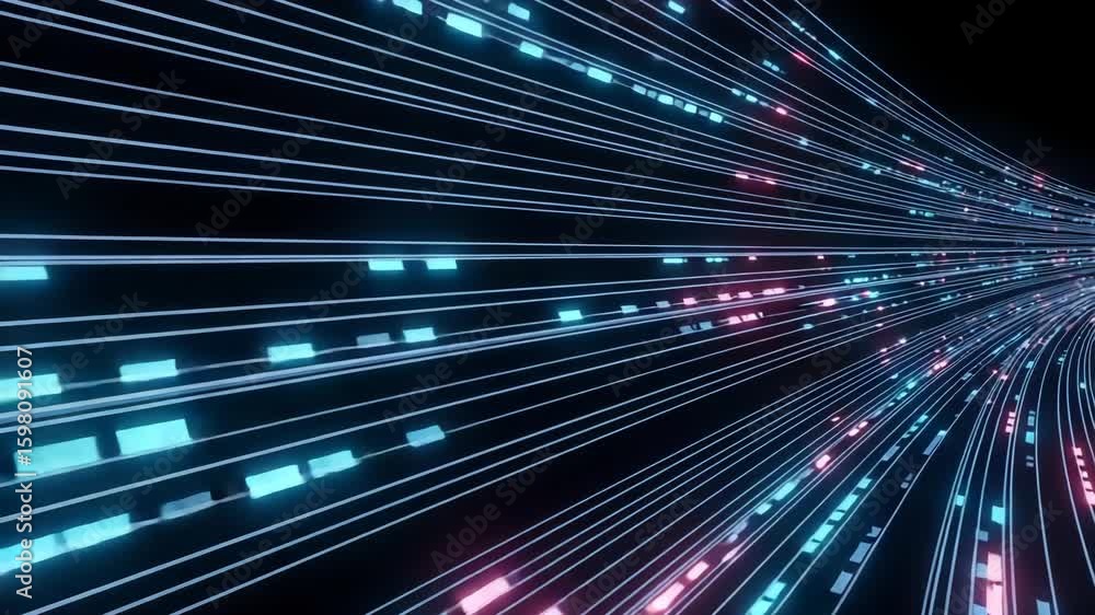 Poster Abstract visualization of digital data streams flowing through a futuristic network at high speed