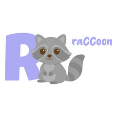 Raccoon alphabet letter R. Cute cartoon animal for kids. Baby raccoon character with letter R.