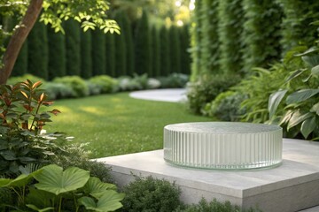 Minimal style mockup for product presentation. Ribbed glass podium on green garden background