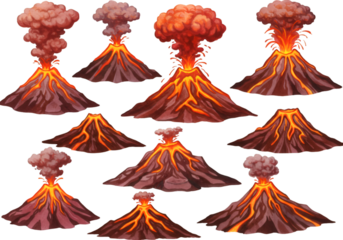 Illustration Set of Volcanoes Erupting with Lava and Smoke