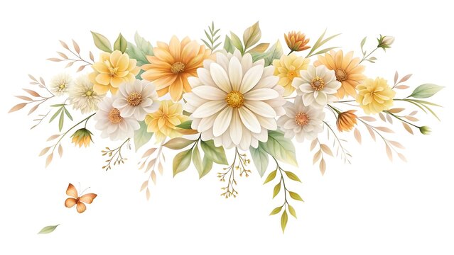 Delicate watercolor floral arrangement featuring white and yellow dahlias with greenery and subtle butterfly accents - Powered by Adobe