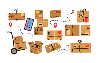 Delivery and shipping stickers, cardboard boxes and parcels in cartoon style. Set of vector illustrations of moving goods and deliveries. Groovy hand-drawn stickers.