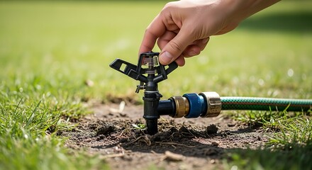 A person's hand adjusting a black lawn sprinkler with a connected hose on a green grass lawn.