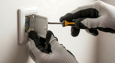 Hands wearing protective gloves use a screwdriver to repair or install an electrical outlet on a white wall.