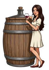 Illustration of Woman with Wine Glass and Barrel