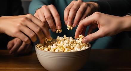 Three people reaching into a bowl of popcorn with their hands, sharing a snack on a wooden table.