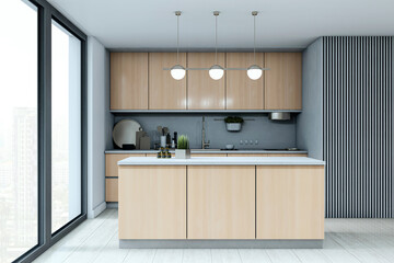 Modern minimalist kitchen interior with light wood cabinets, central island, and large city-view window in a bright contemporary home space. 3D Rendering