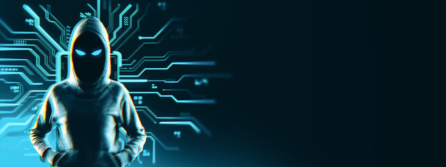 Mysterious hooded hacker figure in digital hoodie on circuit board background with glowing eyes,...