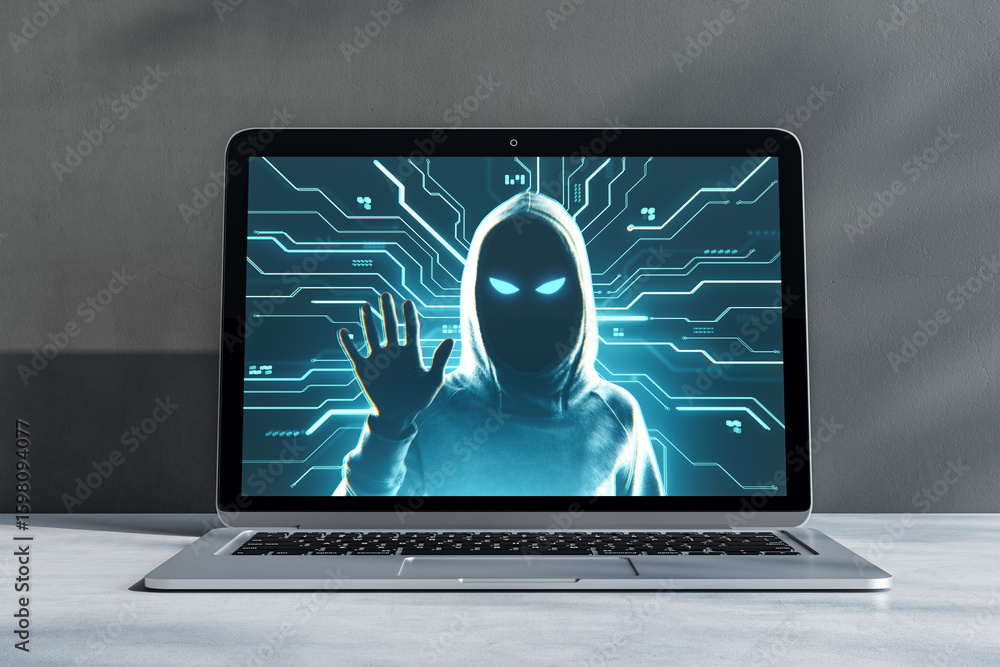 Aufkleber hacker in hoodie with glowing eyes on laptop screen with digital circuit lines, symbolizing cyber se