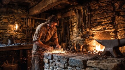 Experience the authentic atmosphere of a medieval smithy with this vibrant scene of a blacksmith vigorously shaping molten iron. The sparks flying from the anvil create a dramatic visual