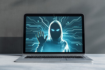 Hacker in hoodie with glowing eyes on laptop screen with digital circuit lines, symbolizing cyber...