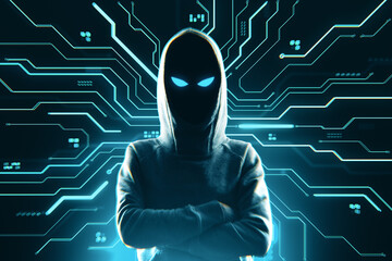 Mysterious hooded hacker figure with glowing eyes standing against a digital circuit background,...