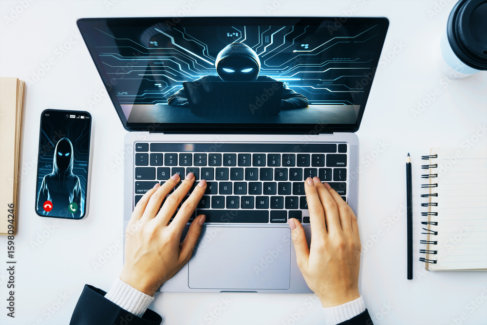 Poster hacker with glowing eyes on laptop and phone screens in office setting with hands typing on keyboard