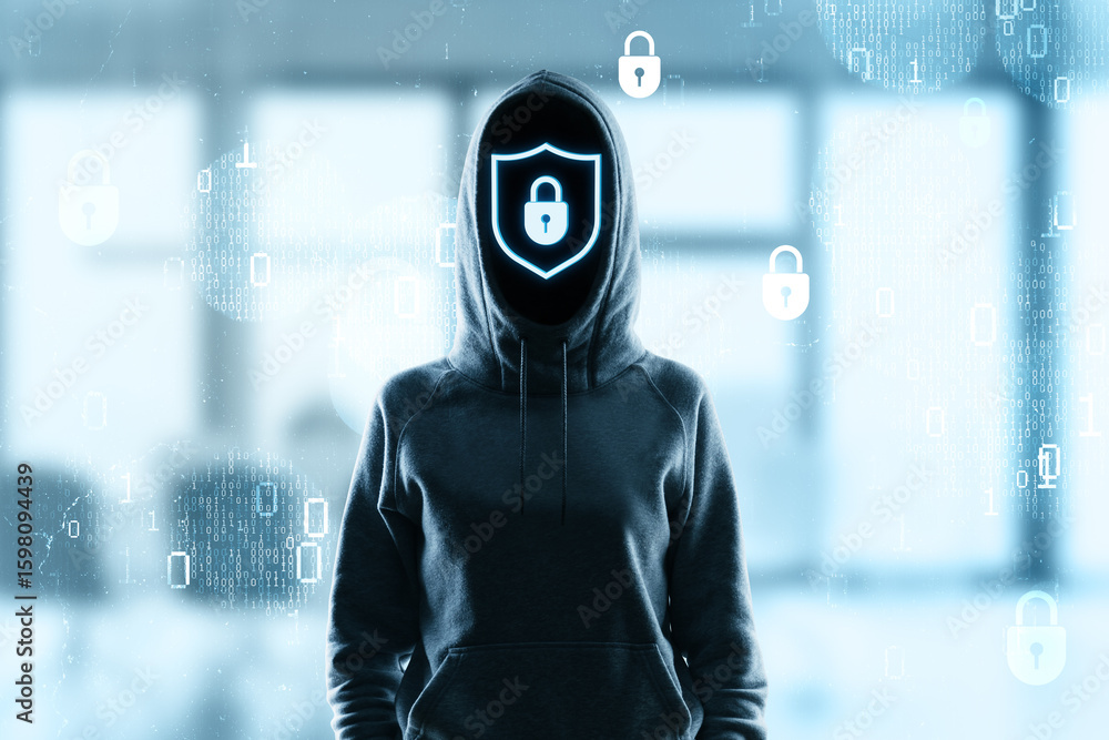 Poster anonymous person in hoodie with digital lock shield face symbolizing cyber security and data protect