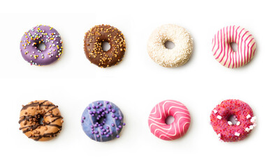 Colorful assortment of donuts with various toppings arranged in two rows on a white background