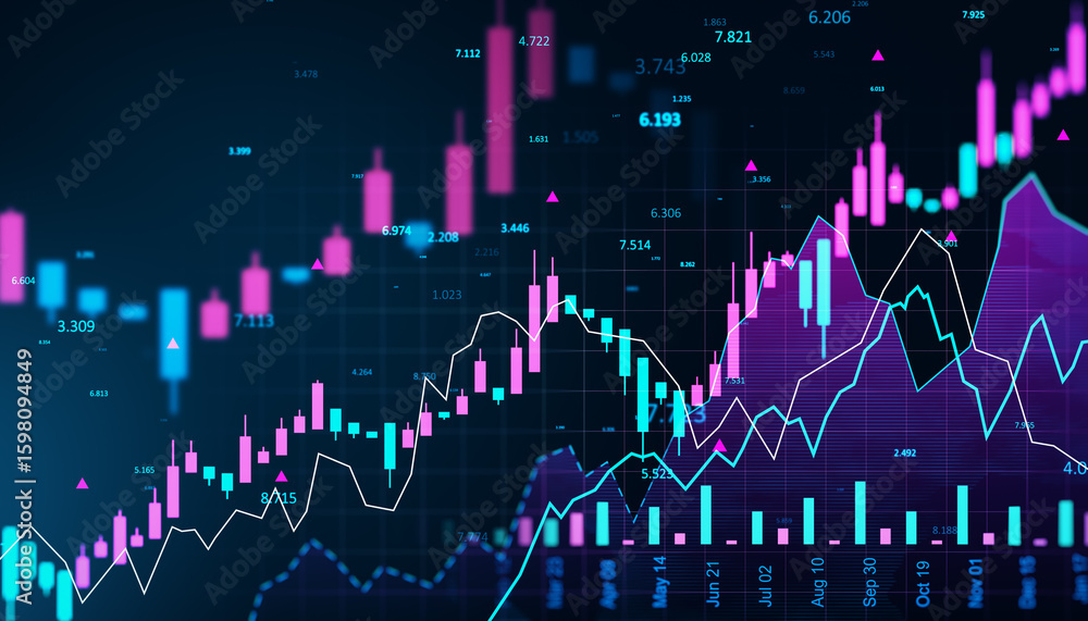 Poster colorful digital screen with glowing forex and stock market candlestick chart and data analysis on d