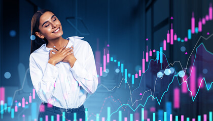 Happy businesswoman in office celebrating success with colorful financial chart overlay showing market growth and investment analysis concept.