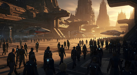 A vast crowd in uniforms assembles at a monumental futuristic spaceport with docked spaceships