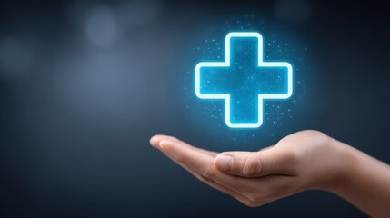 Obraz premium Medical assistance in focus blue medical cross hovering above hand hospital environment conceptual sign for nurses and doctors