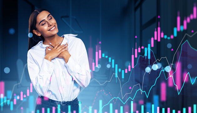 Happy businesswoman in office celebrating success with colorful financial chart overlay showing market growth and investment analysis concept.