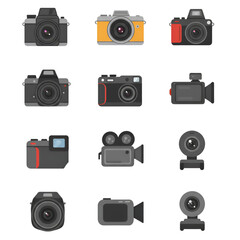 Illustration Set of Pixel Art Cameras and Camcorders