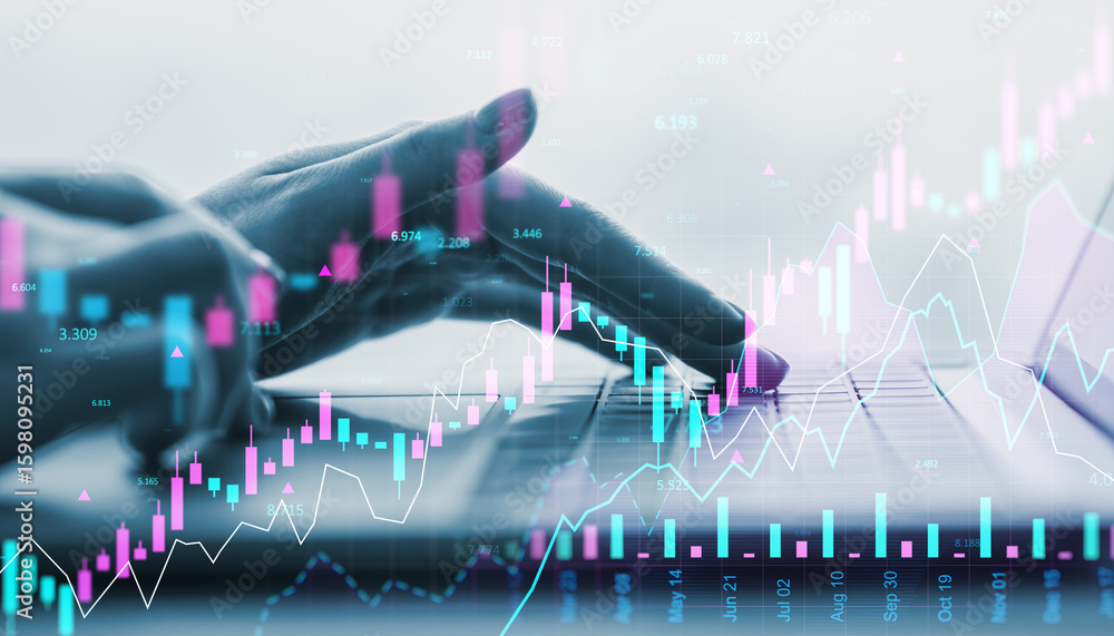 Aufkleber hands typing on laptop with financial stock market graphs overlaid in abstract digital interface bac