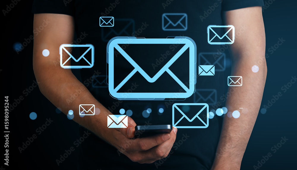 Poster email notification icons floating above smartphone in man's hands on dark background with neon digit