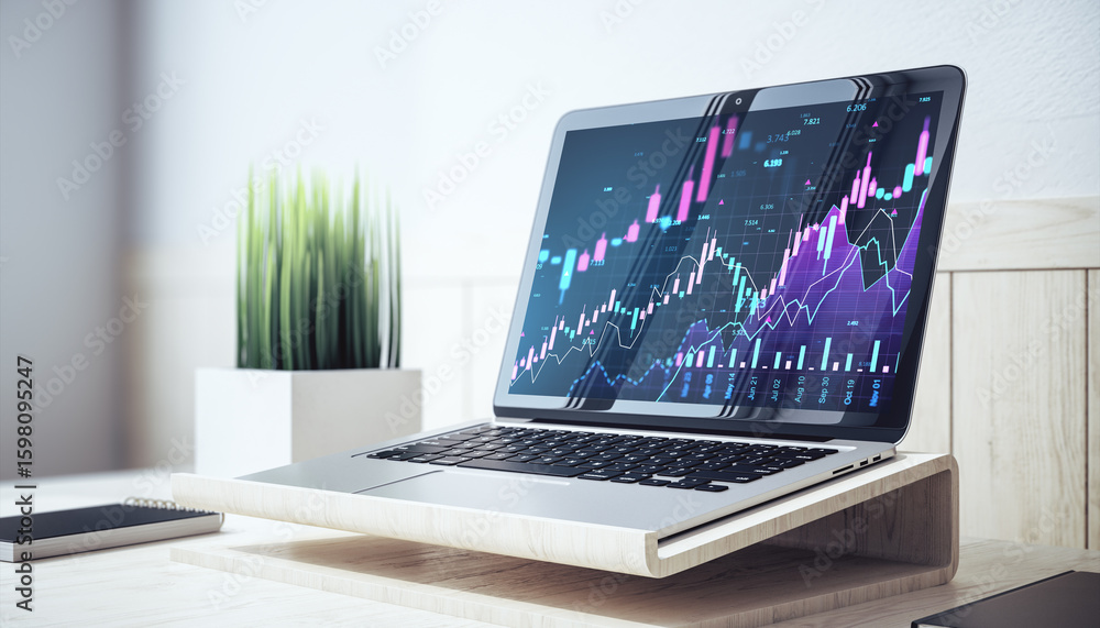 Poster laptop on wooden stand displaying colorful financial stock market charts and data graphs in modern h