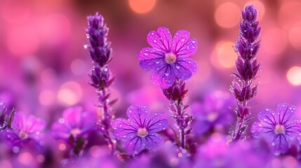 Fototapeta premium Close-up view of vibrant purple wildflowers with dew drops.