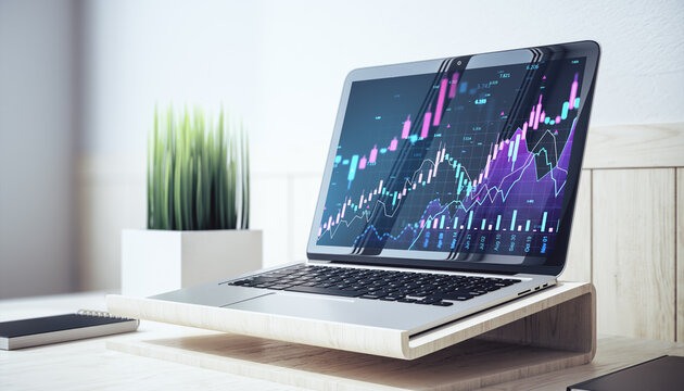 Laptop on wooden stand displaying colorful financial stock market charts and data graphs in modern home office setting with bright background light. 3D Rendering